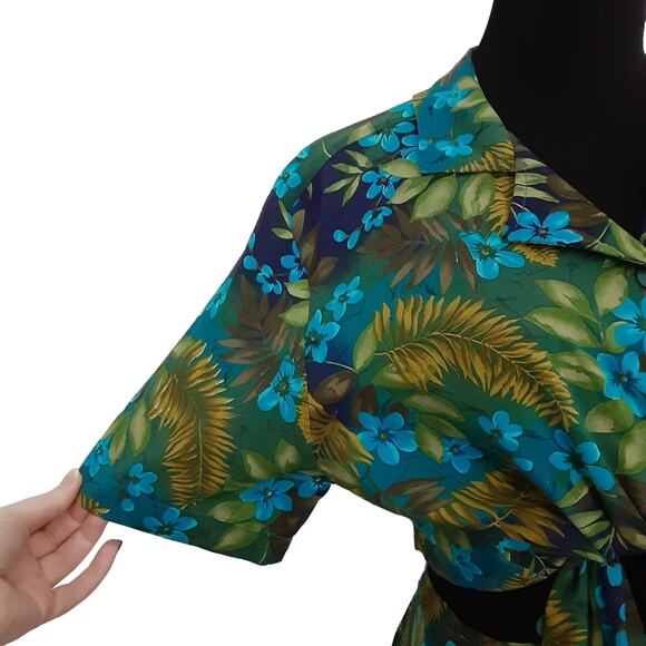 Vintage 80s Hawaiian Floral Two Piece Set High Rise Mini Skirt Button Crop Top L - Picture 6 of 14